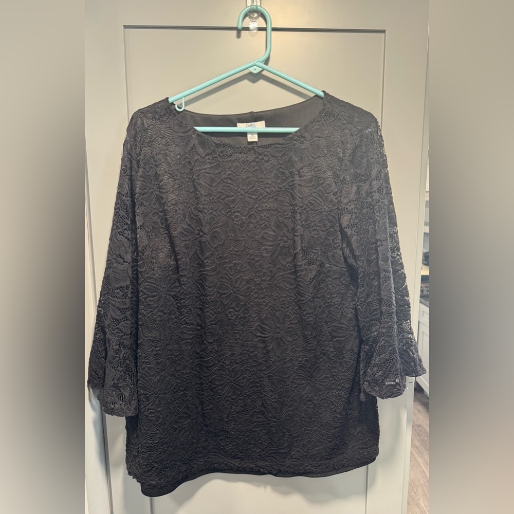 Croft & Barrow Black Lace Blouse Lined Long Sleeve Sheer Top Size XL